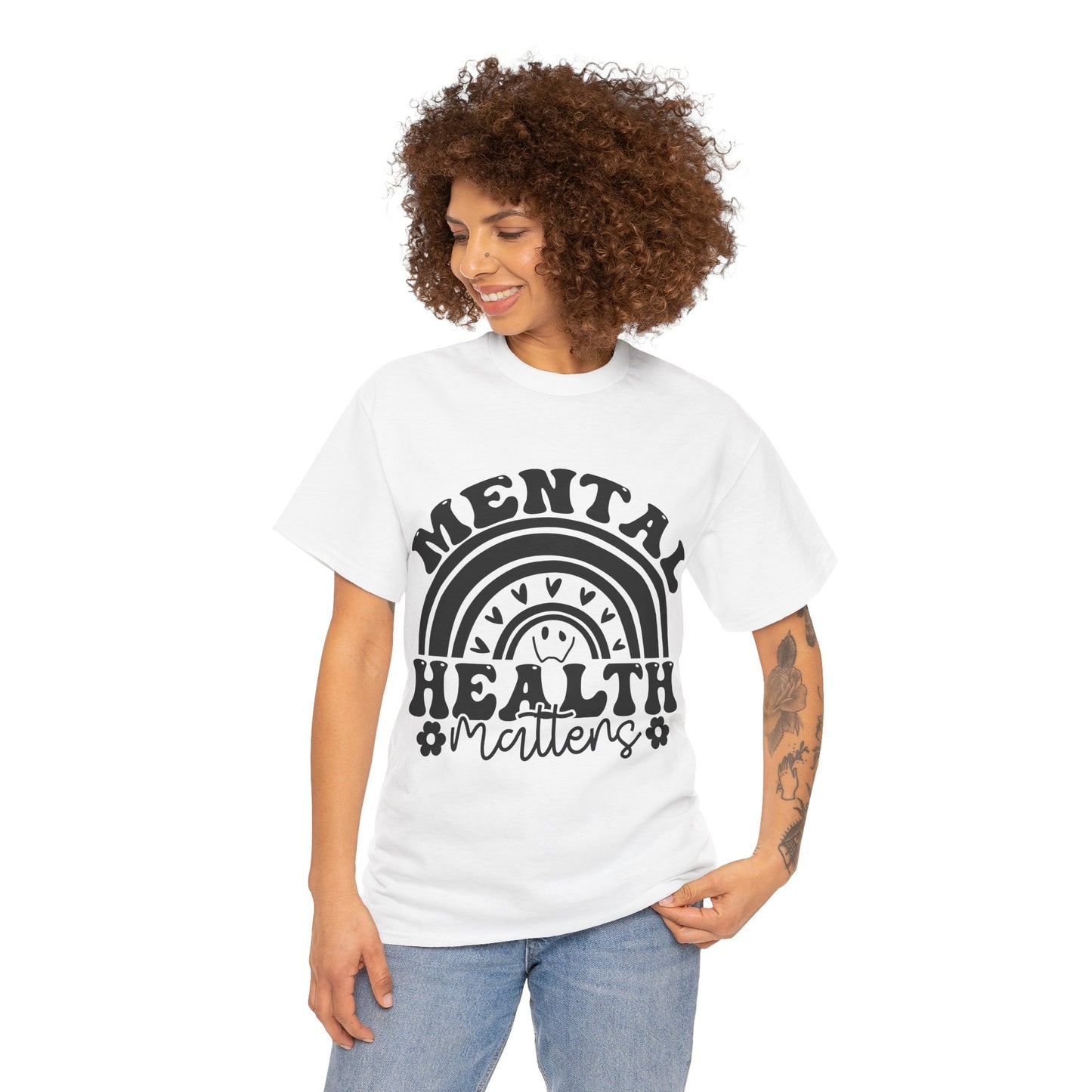 Mental Health Unisex Heavy Cotton Tee, Positive Vibes Shirt, Self-Care Gift, Well-being Awareness Gift, Casual Everyday Wear, Rainbow Design