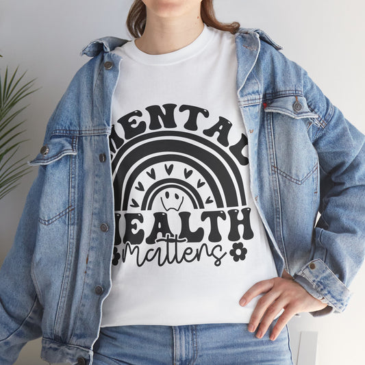 Mental Health Unisex Heavy Cotton Tee, Positive Vibes Shirt, Self-Care Gift, Well-being Awareness Gift, Casual Everyday Wear, Rainbow Design