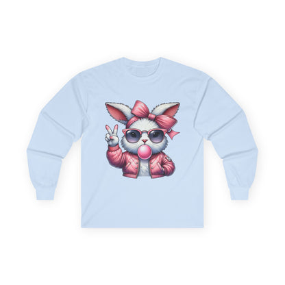 Playful Bunny Graphic Long Sleeve Tee - Cute Gift for Animal Lovers, Casual Wear, Spring Style, Easter Apparel, Gift for Kids