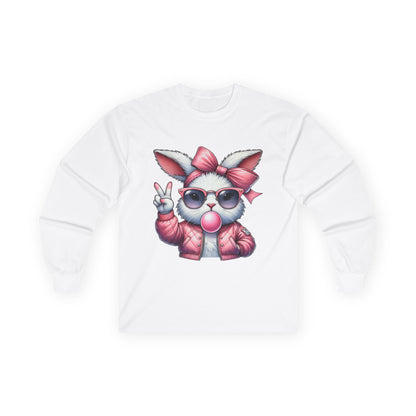 Playful Bunny Graphic Long Sleeve Tee - Cute Gift for Animal Lovers, Casual Wear, Spring Style, Easter Apparel, Gift for Kids