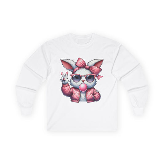 Playful Bunny Graphic Long Sleeve Tee - Cute Gift for Animal Lovers, Casual Wear, Spring Style, Easter Apparel, Gift for Kids