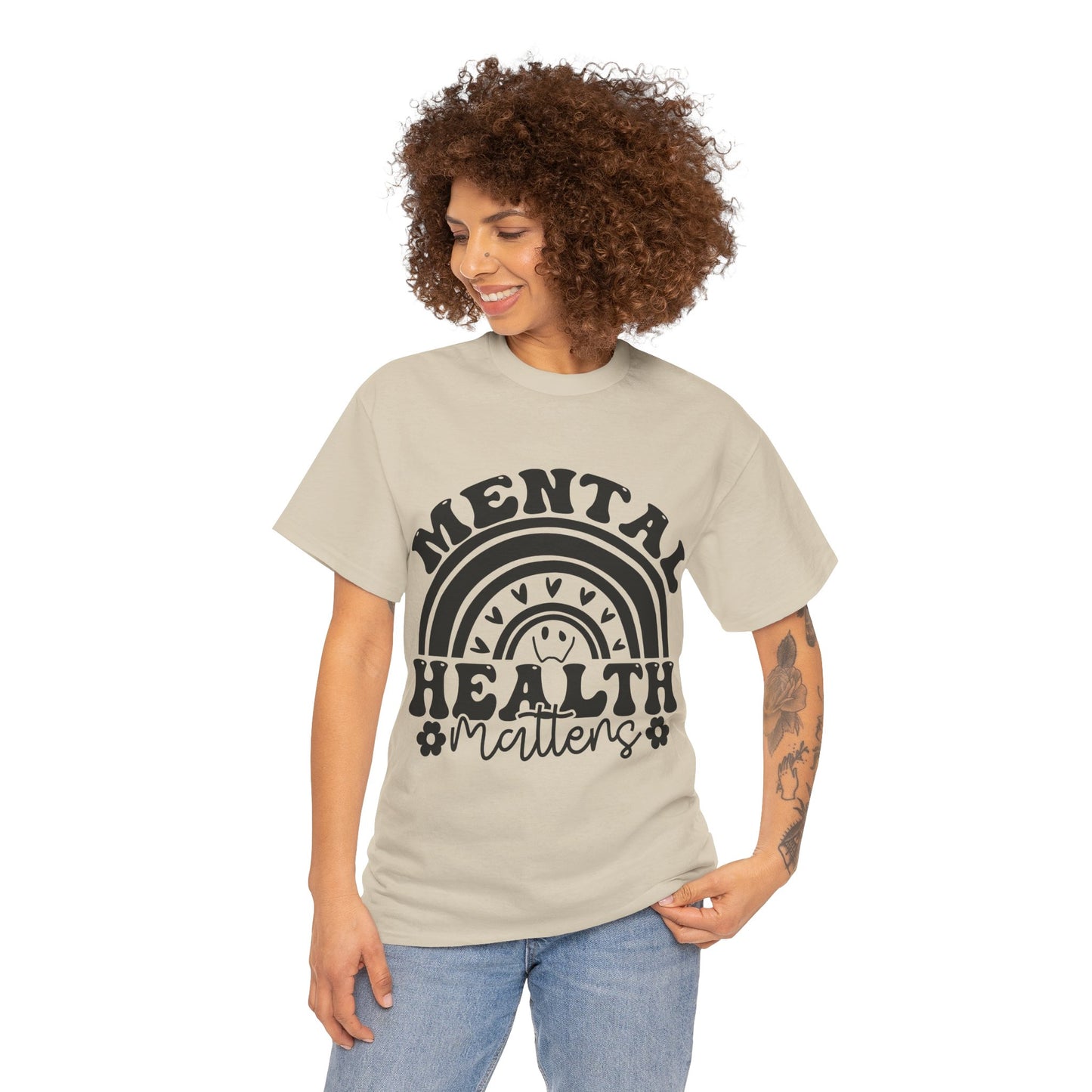 Mental Health Unisex Heavy Cotton Tee, Positive Vibes Shirt, Self-Care Gift, Well-being Awareness Gift, Casual Everyday Wear, Rainbow Design