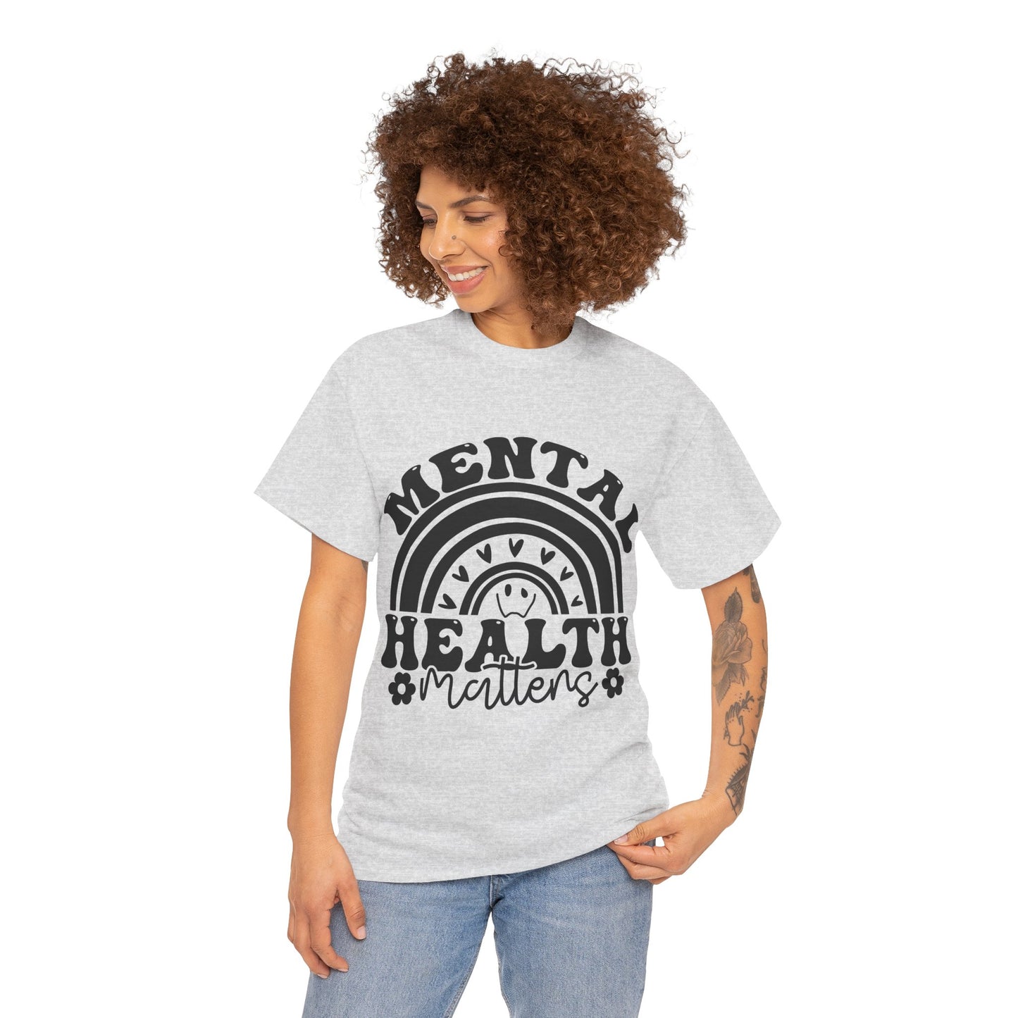 Mental Health Unisex Heavy Cotton Tee, Positive Vibes Shirt, Self-Care Gift, Well-being Awareness Gift, Casual Everyday Wear, Rainbow Design