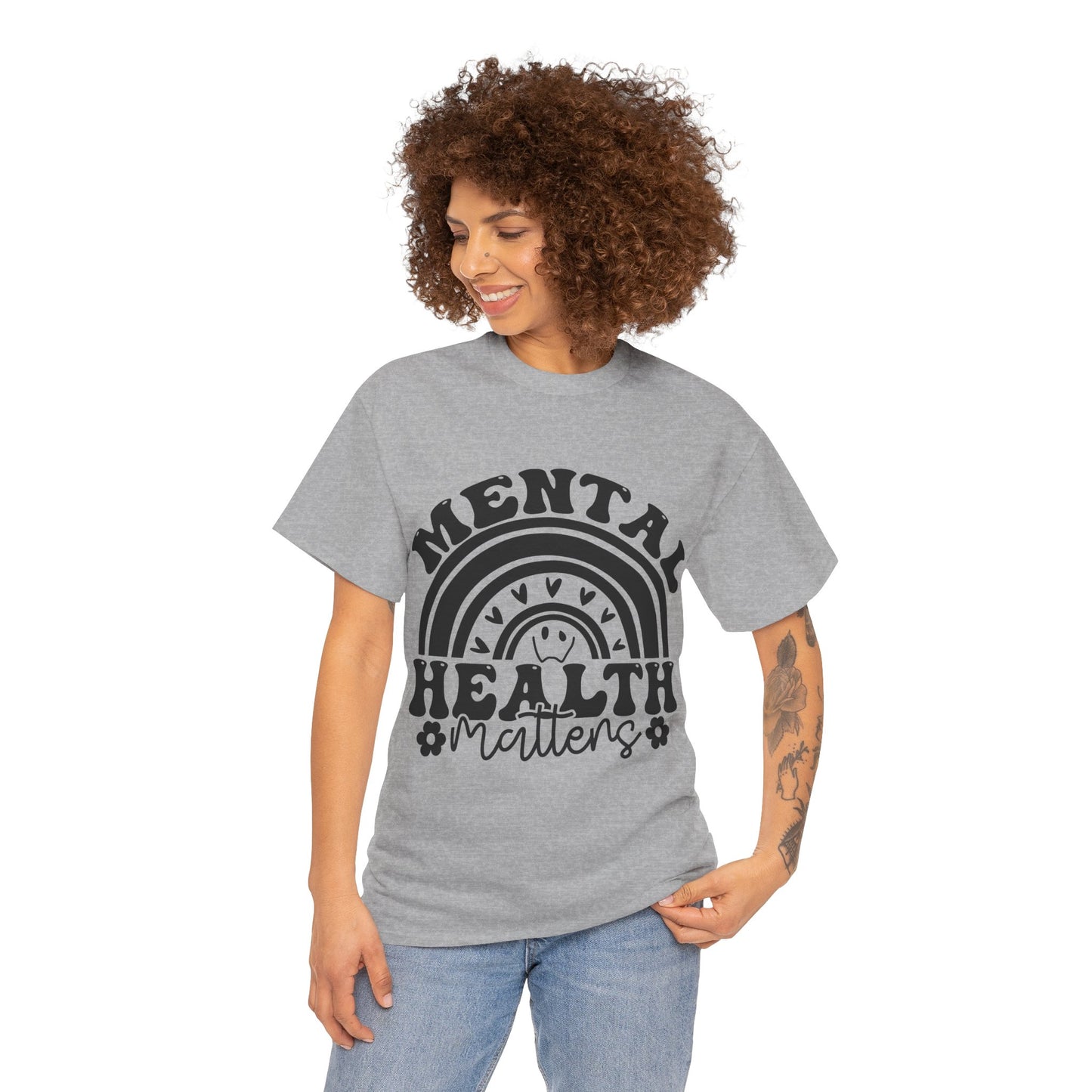 Mental Health Unisex Heavy Cotton Tee, Positive Vibes Shirt, Self-Care Gift, Well-being Awareness Gift, Casual Everyday Wear, Rainbow Design