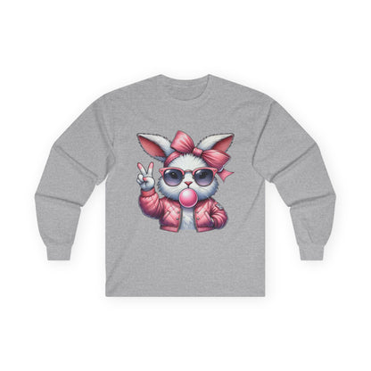 Playful Bunny Graphic Long Sleeve Tee - Cute Gift for Animal Lovers, Casual Wear, Spring Style, Easter Apparel, Gift for Kids