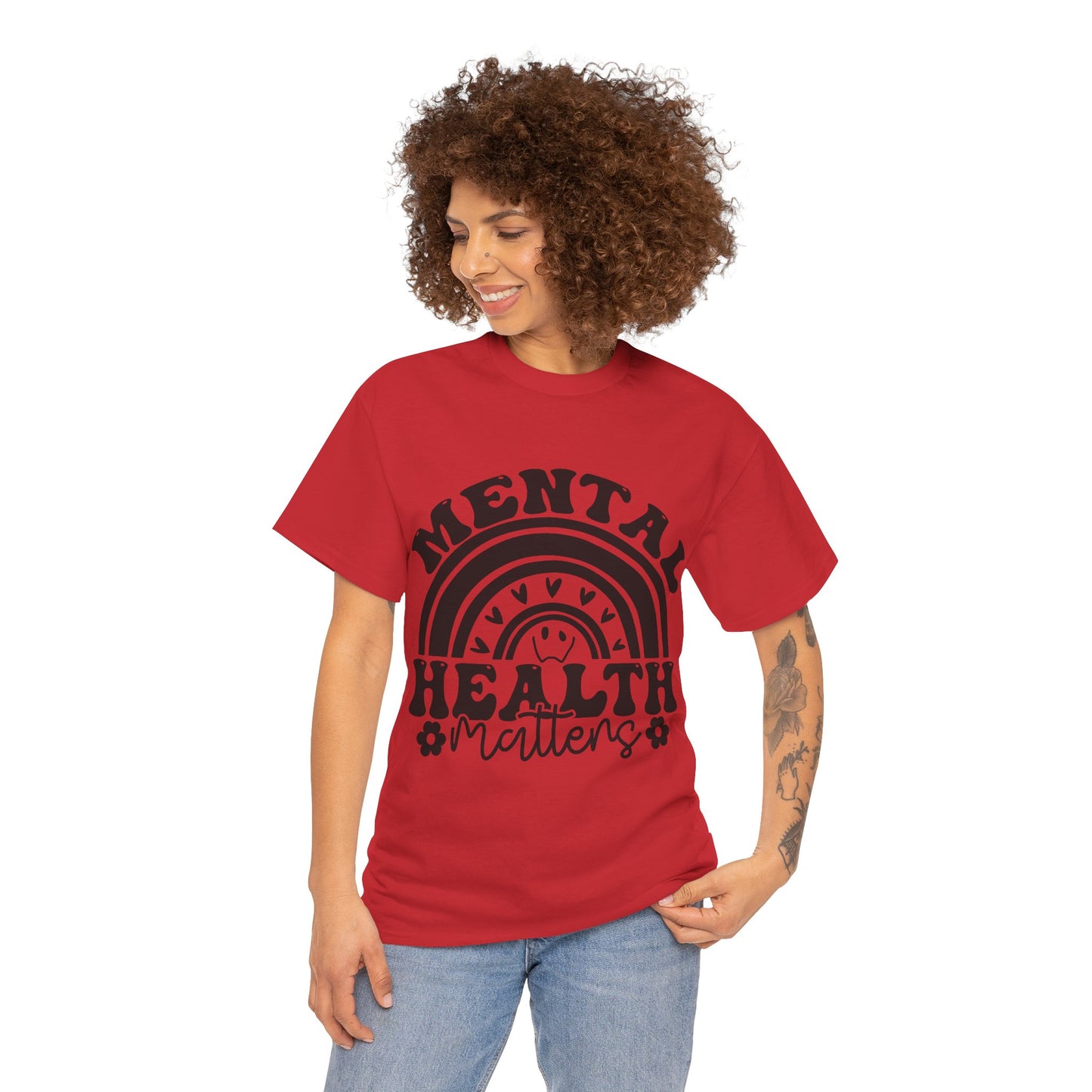 Mental Health Unisex Heavy Cotton Tee, Positive Vibes Shirt, Self-Care Gift, Well-being Awareness Gift, Casual Everyday Wear, Rainbow Design