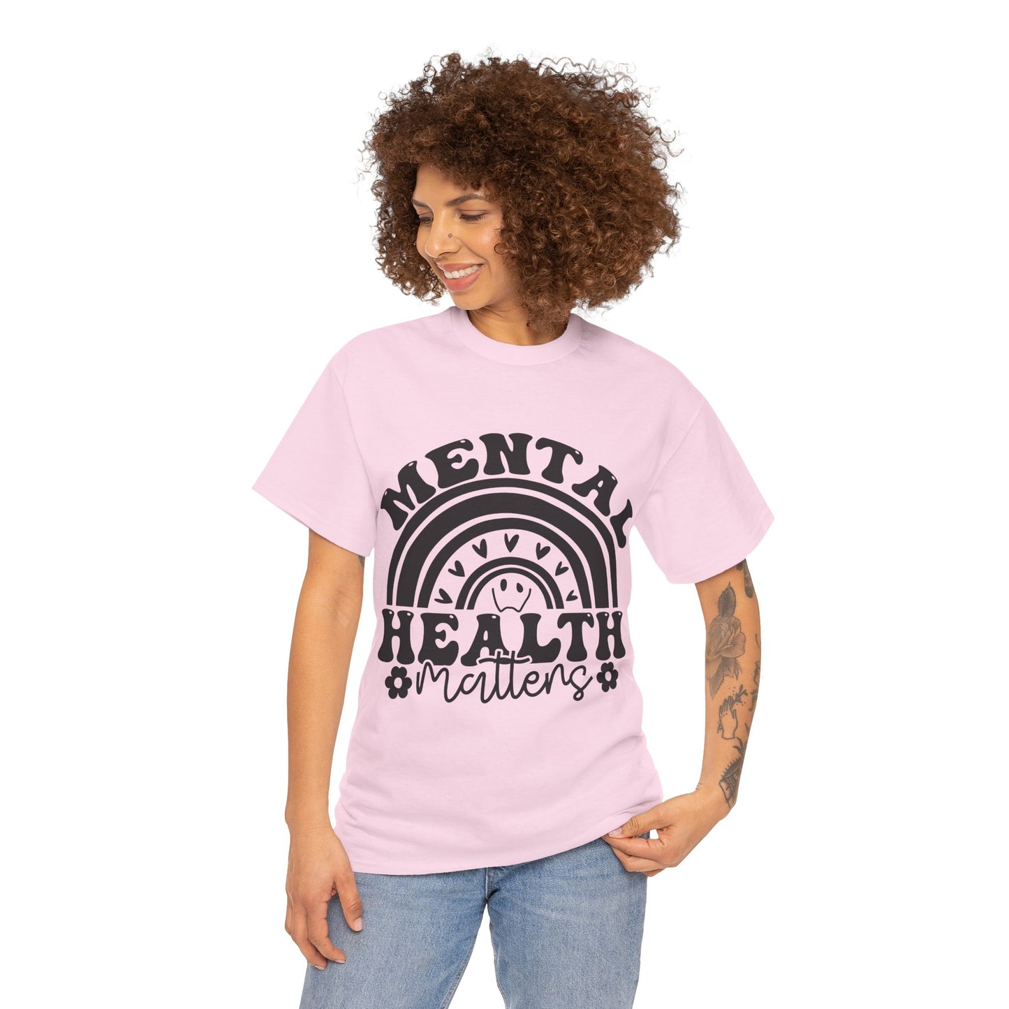 Mental Health Unisex Heavy Cotton Tee, Positive Vibes Shirt, Self-Care Gift, Well-being Awareness Gift, Casual Everyday Wear, Rainbow Design